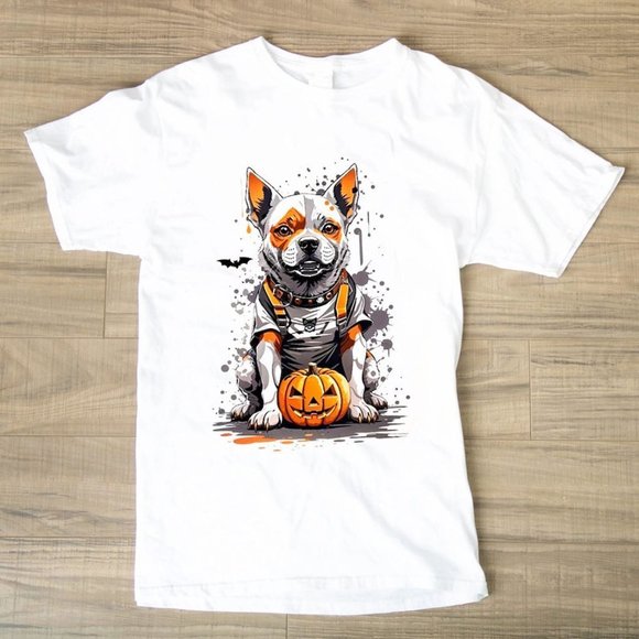 Tops - Halloween Dog And Pumpkin Retro Halloween Graphic Tee Shirt